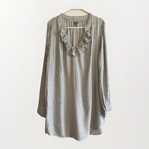 Aerie Blouse Womens XXL Blue White Striped Ruffle V Neck Long Sleeve Tunic Top